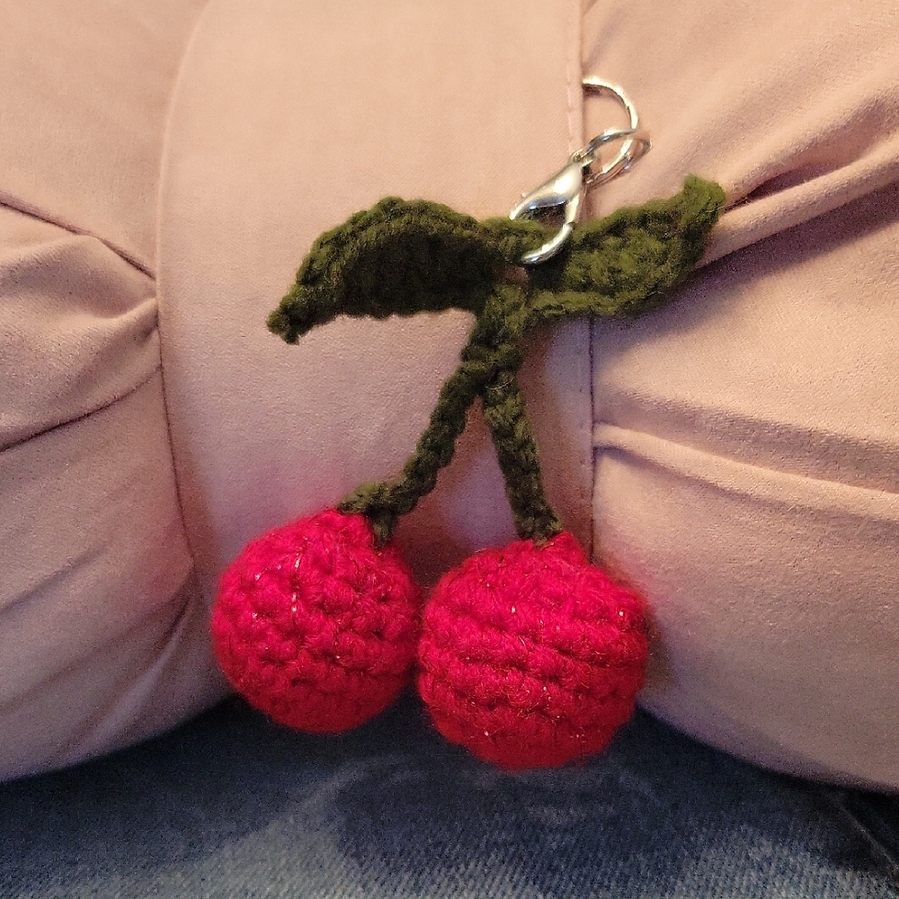 Cherry Crochet Keychain with Green Leaves